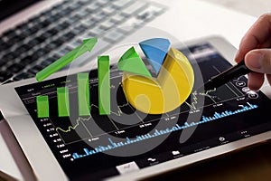 Growth graph and pie chart on digital tablet