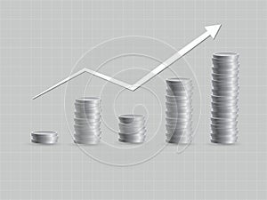 Growth of investment with slight fluctuations using silver coins to amass wealth vector illustration