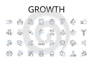 Growth line icons collection. Expansion, Development, Progression, Advancement, Improvement, Evolvement, Expansionism