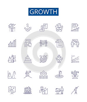 Growth line icons signs set. Design collection of Expansion, Advancement, Rise, Increment, Heighten, Develop, Increase photo