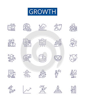 Growth line icons signs set. Design collection of Expansion, Advancement, Rise, Increment, Heighten, Develop, Increase photo