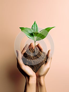 growth and nurturing, with hands delicately holding soil from which a plant is growing.