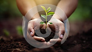 growth and nurturing, with hands delicately holding soil from which a plant is growing.