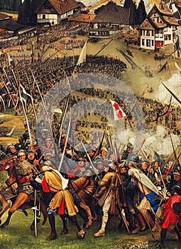 Growth of the Old Swiss Confederacy ca 1386. Fictional Battle Depiction. Generative AI. photo