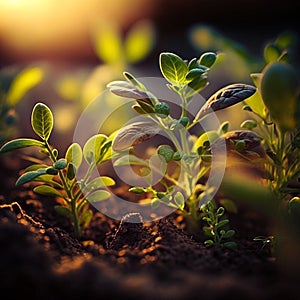 Growth plants concept in the nature morning light on green background