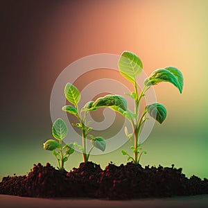 Growth plants concept in the nature morning light on green background