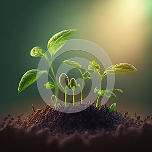 Growth plants concept in the nature morning light on green background