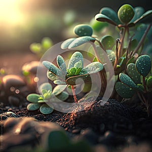 Growth plants concept in the nature morning light on green background
