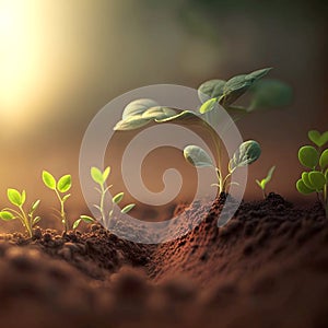 Growth plants concept in the nature morning light on green background