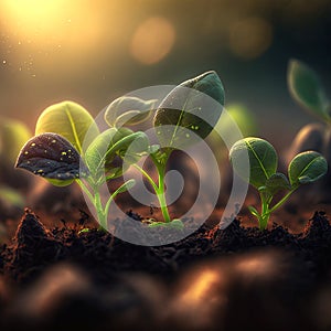 Growth plants concept in the nature morning light on green background. Small young plants on a green background, the concept of