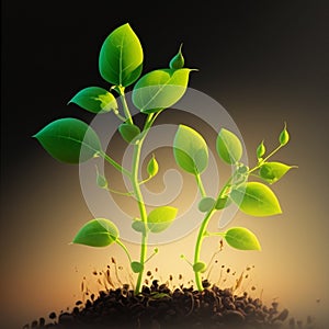 Growth plants concept in the nature morning light on green background. Small young plants on a green background, the concept of