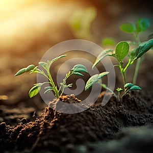 Growth plants concept in the nature morning light on green background. Small young plants on a green background, the concept of