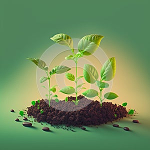 Growth plants concept in the nature morning light on green background. Small young plants on a green background, the concept of