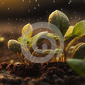 Growth plants concept in the nature morning light on green background. Small young plants on a green background, the concept of