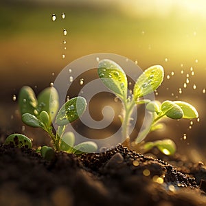 Growth plants concept in the nature morning light on green background. Small young plants on a green background, the concept of