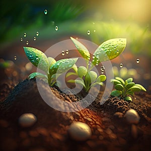 Growth plants concept in the nature morning light on green background. Small young plants on a green background, the concept of