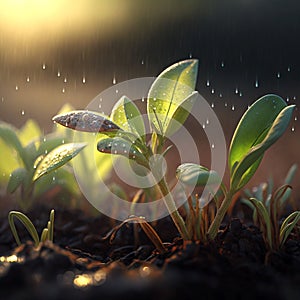 Growth plants concept in the nature rainy morning light on green background