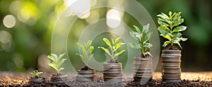 The growth of plants emerging from stacks of coins symbolizing financial success. AI generated image