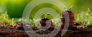 The Growth of Plants Emerging from Stacks of Coins Symbolizing Prosperity.AI generated image