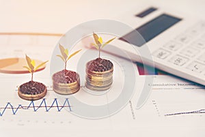 Growth plants on stack of coins on paper analyze financial graph with calculate