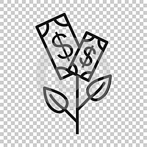 Growth profit icon in flat style. Flower with money vector illustration on white isolated background. Increase business concept