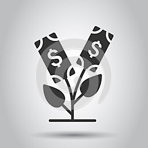 Growth profit icon in flat style. Flower with money vector illustration on white isolated background. Increase business concept