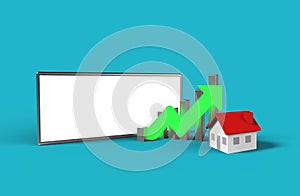 Growth real estate concept. Business graph with house  and blank screen mobile phone. 3D Illustration