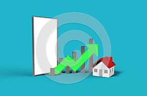 Growth real estate concept. Business graph with house  and blank screen mobile phone. 3D Illustration