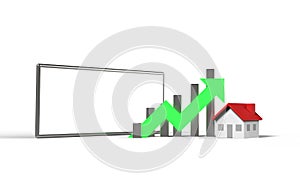 Growth real estate concept. Business graph with house  and blank screen mobile phone. 3D Illustration