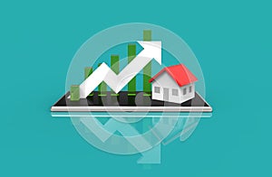 Growth real estate concept. Business graph and house on mobile phone. 3D Illustration