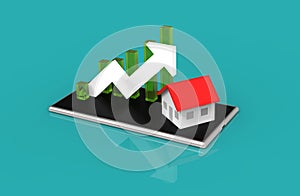 Growth real estate concept. Business graph and house on mobile phone. 3D Illustration