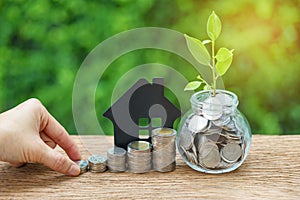 Growth sprout plant in jar with full of coins and hand holding s