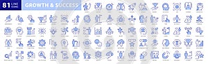 Growth and Success icon set. With concepts Learning, Aim, Reward, Achievement, Mission, Discovery, Winner and more icons.