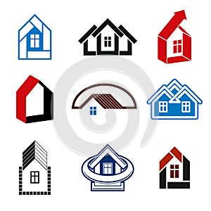 Growth trend of real estate industry - simple house icons. Abstract building with an arrow showing up. Set of construction