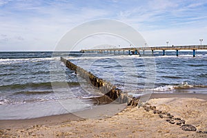 Groyne and pier on shore of the Baltic Sea in Graal Mueritz, Germany