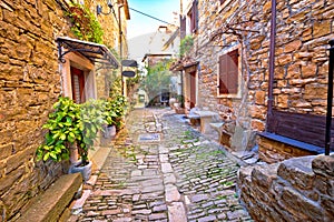 Groznjan cobbled street and old architecture view