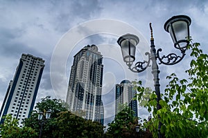 The Grozny City skyscrapers and the street light in the downtown of Grozny, the capital of Chechen Republic.