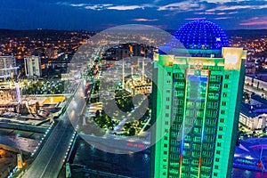 GROZNY, RUSSIA - JUNE 25, 2018: Night aerial view of Grozny, Russ