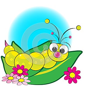 Grub on leaves with flowers - Kids illustration photo