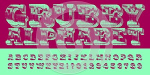 Grubby alphabet font. Dirty halftone letters, numbers and symbols.