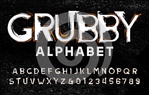 Grubby alphabet font. Grunge uppercase letters and numbers. Halftone background.