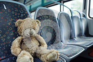 grubby teddy bear left on empty bus seat