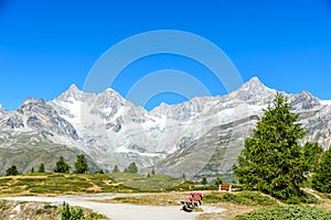 Gruensee (Green lake) with view to Matterhorn mountain - trekking in the mountains near Zermatt in Switzerland