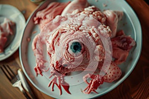 Gruesome creature with a single eye on a plate
