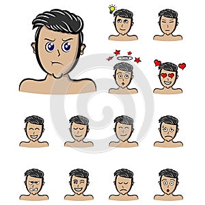 grumble face male character boys. set Handsome man emoji with various facial expressions. illustration in cartoon style