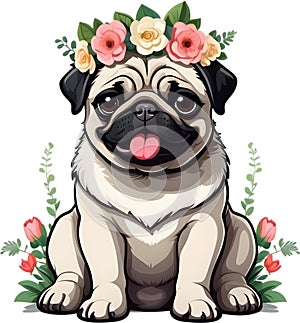 A grumpy but adorable pug puppy is wearing a flower crown.