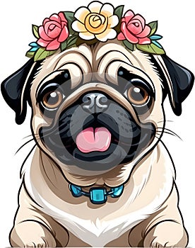 A grumpy but adorable pug puppy is wearing a flower crown.