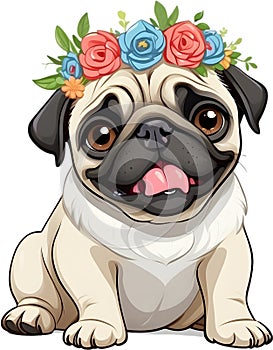 A grumpy but adorable pug puppy is wearing a flower crown.