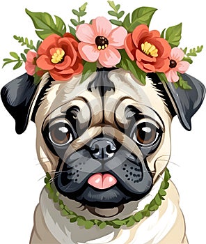 A grumpy but adorable pug puppy is wearing a flower crown.