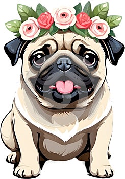 A grumpy but adorable pug puppy is wearing a flower crown.